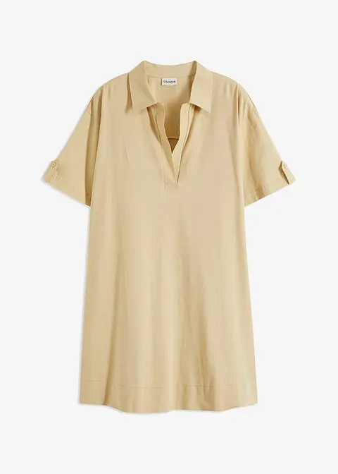 Hemdblusenkleid aus elastischem Bio-Baumwoll-Mix in beige von vorne - bonprix