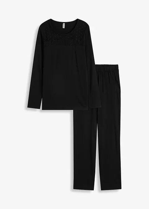 Pyjama mit Spitze in schwarz von vorne - bonprix