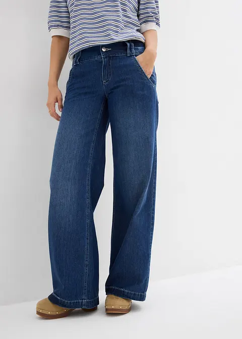 Wide-Leg-Jeans Mid Waist, Super Soft in blau von vorne - bonprix