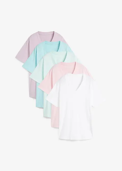 Weites Long-Shirt mit V-Ausschnitt, Kurzarm (5er Pack) in rosa von vorne - bonprix