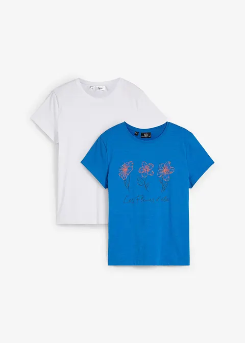 Basic T-Shirt mit Druck (2er Pack) in blau von vorne - bonprix