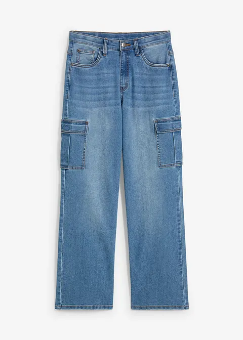 Loose-Fit-Stretch-Jeans mit Cargotaschen, Straight in blau von vorne - bonprix