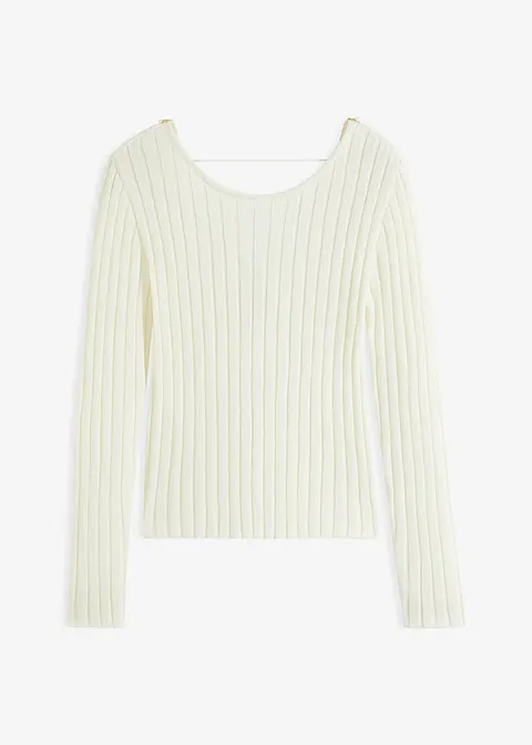 Gerippter Pullover mit dekorativem Perlenband in weiß von vorne - bonprix