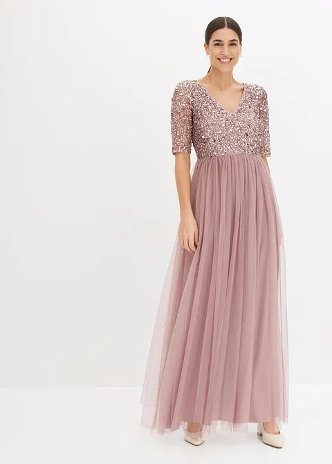 Maxikleid mit Paillettenstickerei in rosa von vorne (Totalaufnahme) - bonprix
