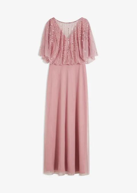 Maxikleid aus feinem Tüll mit Paillettenstickerei in pink von vorne - bonprix