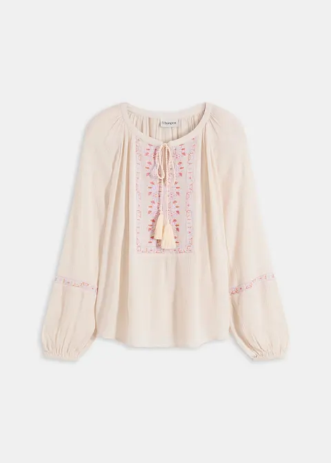 Oversized-Bluse mit Stickerei in beige von vorne - bonprix