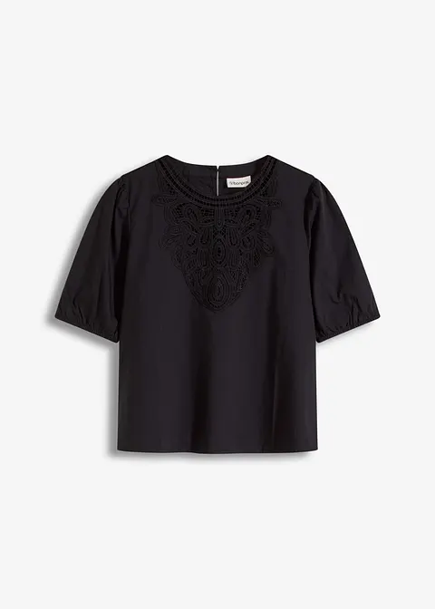 Kurzarmbluse mit Spitze in schwarz von vorne - bonprix