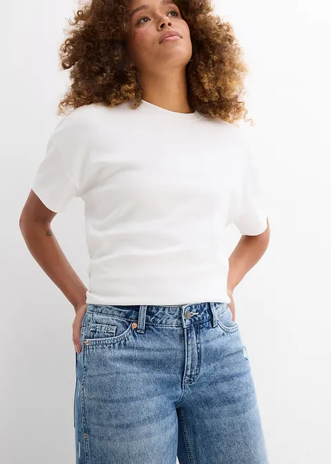 Loose Straight-Jeans Mid Waist, Low Stretch in blau (Detailaufnahme) - bonprix