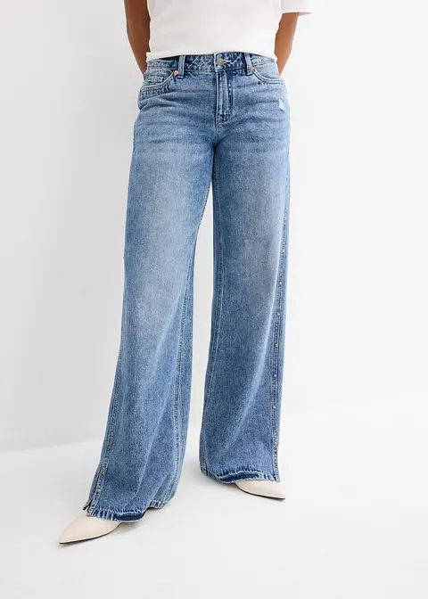Loose Straight-Jeans Mid Waist, Low Stretch in blau von vorne - bonprix