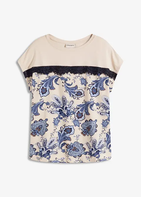 Shirt mit Spitzenband und Paisley Druck in beige von vorne - bonprix