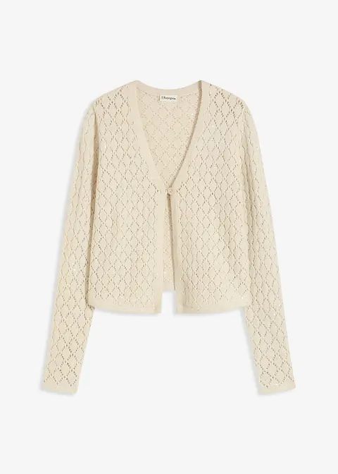 Kurze Strickjacke mit Pailletten in beige von vorne - bonprix