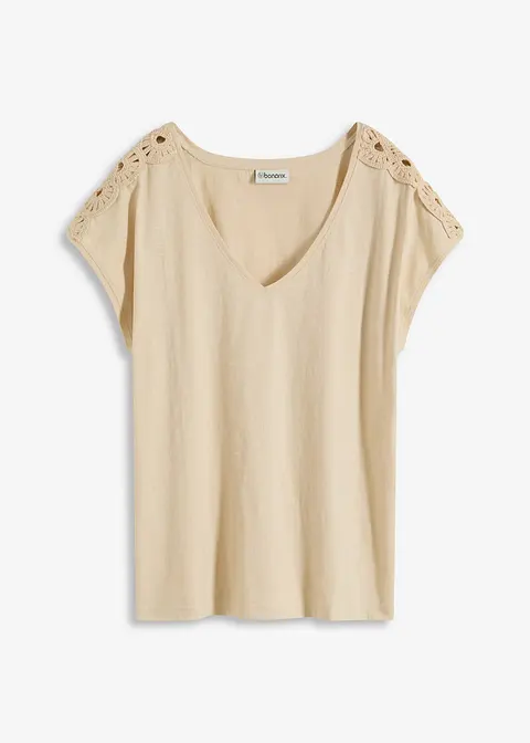 Shirt mit Häkeleinsätzen in beige von vorne - bonprix