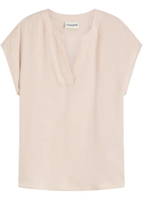 Lockere Satin-Kurzarmbluse mit überschnittenen Schultern in gold von vorne - bonprix