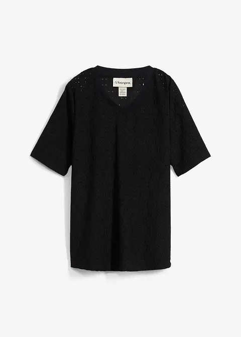 Crêpe-Shirt mit Lochstickerei in schwarz von vorne - bonprix