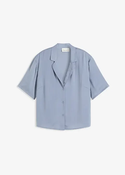 Satin-Bluse mit Reverskragen in blau von vorne - bonprix