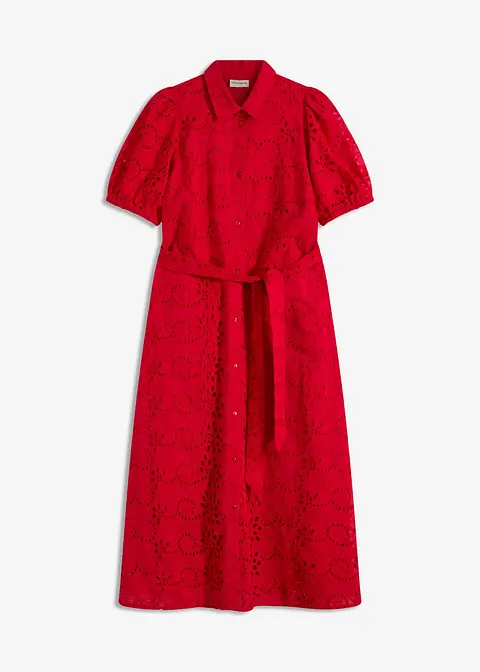 Lochstickerei-Blusenkleid aus reiner Baumwolle in rot von vorne - bonprix