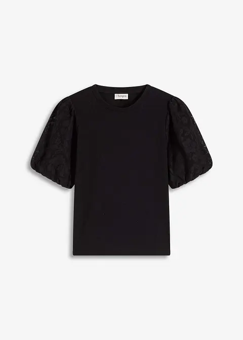 Shirt mit Spitzenärmeln in schwarz von vorne - bonprix
