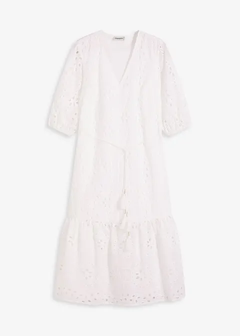 Midikleid mit Lochstickerei in weiß von vorne - bonprix