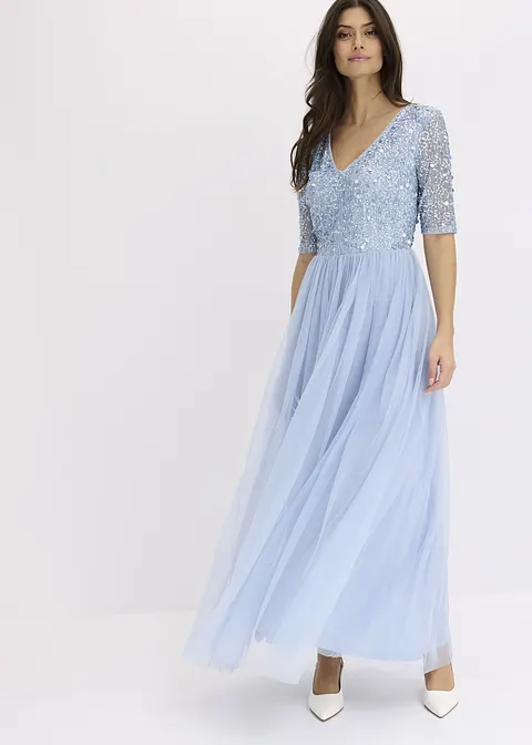 Maxikleid mit Paillettenstickerei in blau von vorne (Totalaufnahme) - bonprix