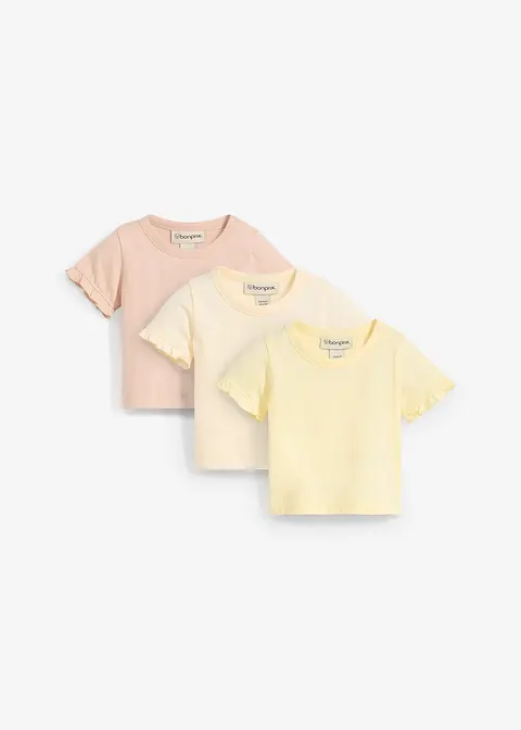 T-Shirts aus Bio-Baumwolle mit Volants (3er Pack) in gelb von vorne - bonprix