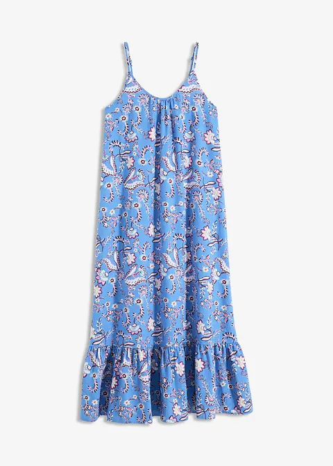 bedrucktes Trägerkleid aus leichtem Leinen-Mix in blau von vorne - bonprix