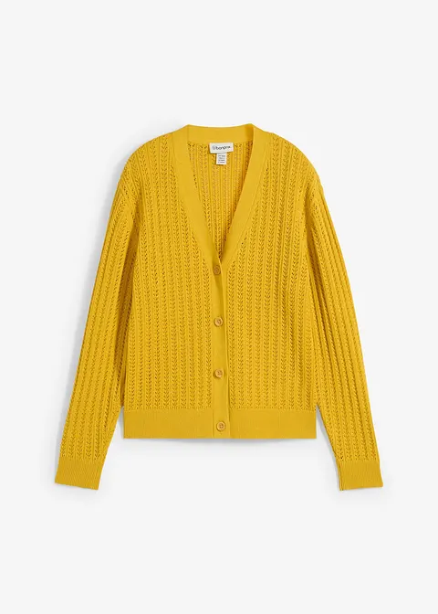Ajour-Strickjacke mit Leinenanteil in gelb von vorne - bonprix