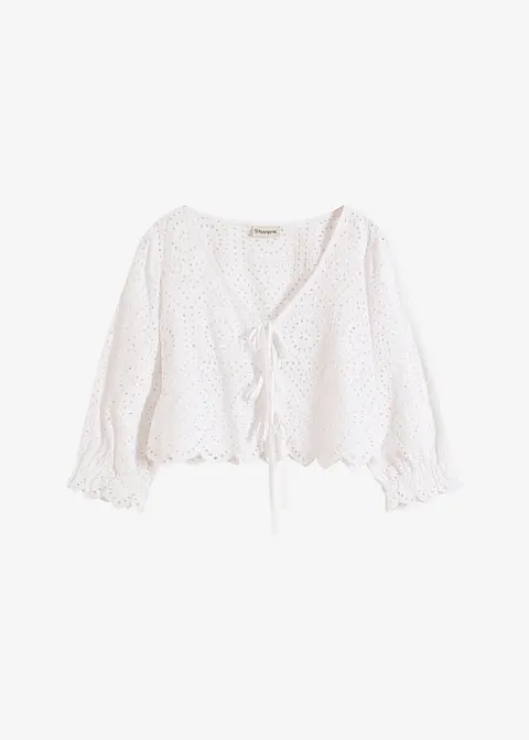Bluse mit Lochstickerei und Puffärmeln in weiß von vorne - bonprix