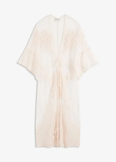 Transparenter Strandkimono mit Spitze in weiß von vorne - bonprix
