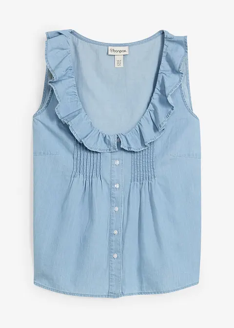 Jeans-Blusentop aus Bio-Baumwolle in blau von vorne - bonprix