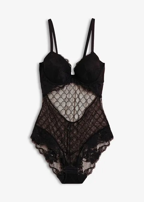 Body mit zierendem Mesh in schwarz von vorne - bonprix