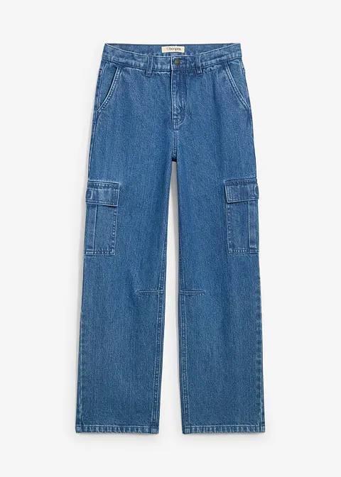 Loose Fit Cargo-Jeans mit verstellbarem Bund, Straight in blau von vorne - bonprix