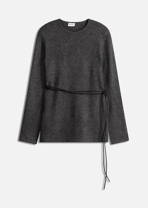 Strickshirt mit Wollanteil und Lederimitat- Bindeband in grau von vorne - bonprix