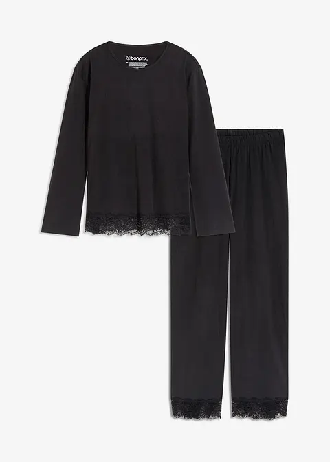 Pyjama mit zarter Spitze in schwarz von vorne - bonprix