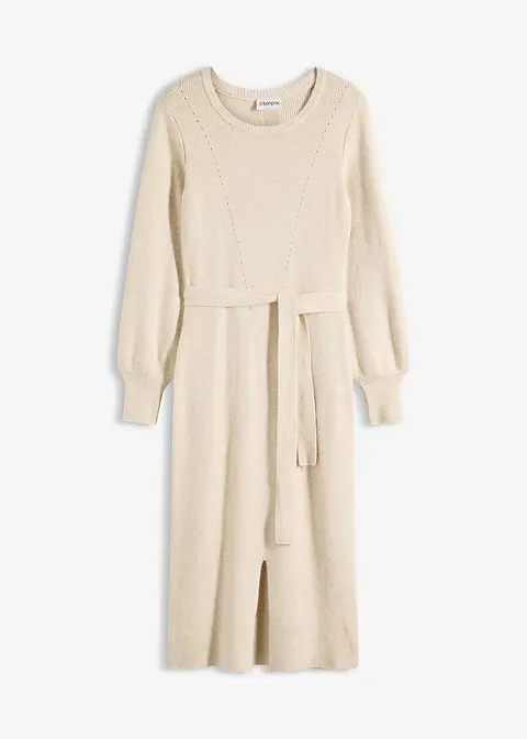 Ripp-Strickkleid aus fließendem Viskose-Mix in beige von vorne - bonprix