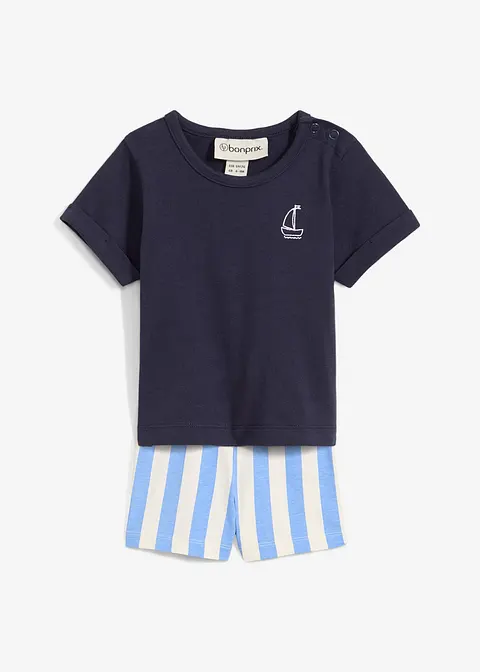 Shirt und kurze Hose aus reiner Bio-Baumwolle (2-tlg.Set) in blau von vorne - bonprix