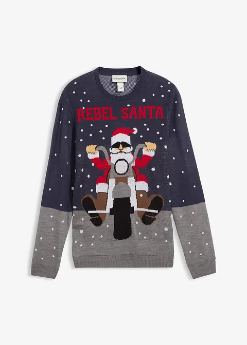 Pullover mit Weihnachtsmotiv in blau von vorne - bonprix