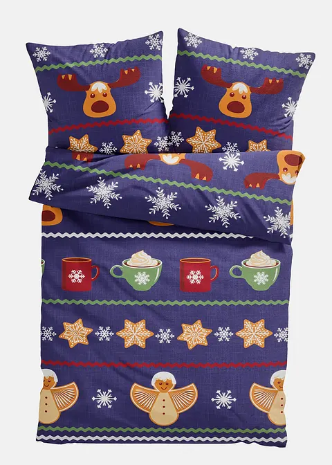 Bettwäsche mit Weihnachtsmuster in blau von vorne - bonprix