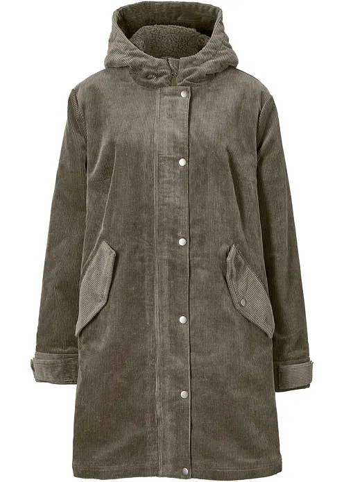 Warmer Cord-Parka mit Teddy-Futter in der Kapuze, in A-Linie in grün von vorne - bonprix