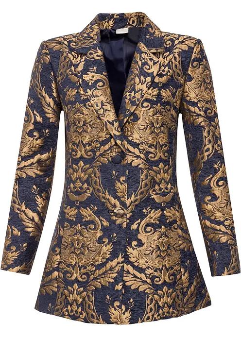 Blazer aus glänzendem Jacquard in blau von vorne - bonprix