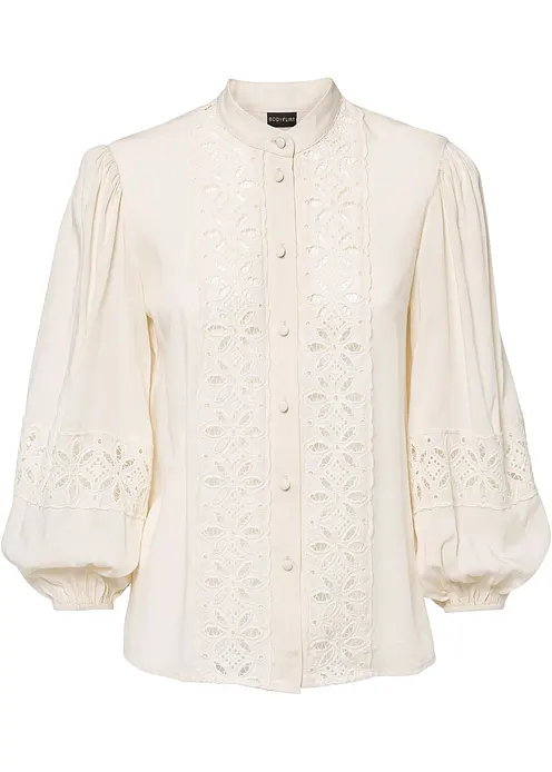 Bluse mit Spitze aus softem Viskose-Mix in weiß von vorne - bonprix