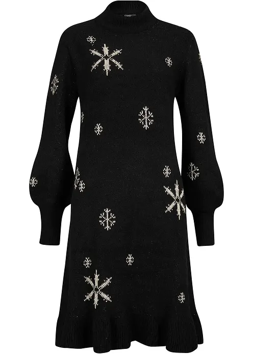 Strickkleid mit Schneeflocken-Print in schwarz von vorne - bonprix
