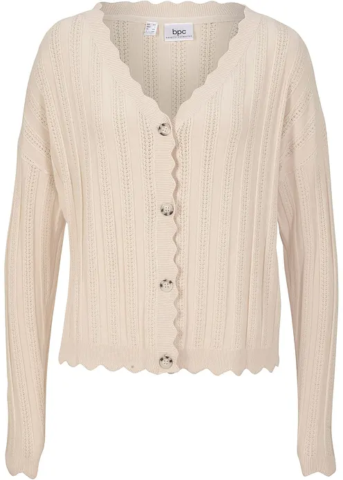 Kurze Ajour-Strickjacke mit nachhaltiger Viskose in beige von vorne - bonprix