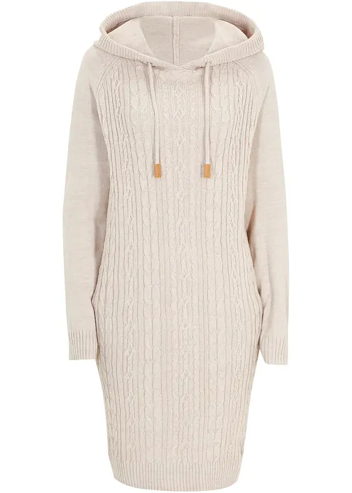Kapuzen-Strickkleid mit Zopfmuster in beige von vorne - bonprix