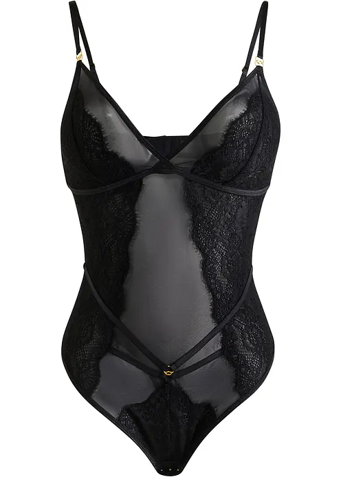 Stringbody mit feiner Spitze in schwarz von vorne - bonprix