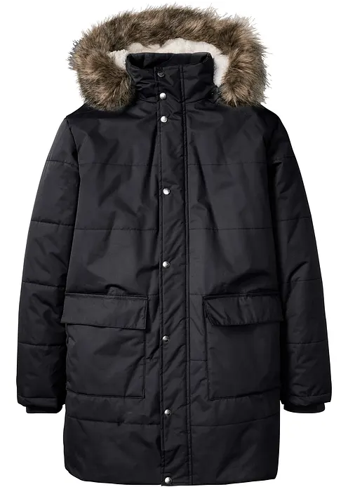 Winter-Parka mit Teddyfutter und abnehmbarer Kapuze in schwarz von vorne - bonprix