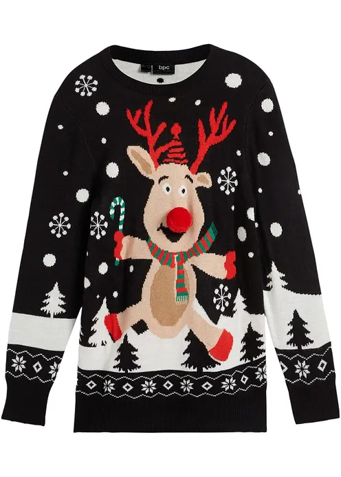 Feinstrickpullover mit Weihnachtsmotiv in schwarz von vorne - bonprix