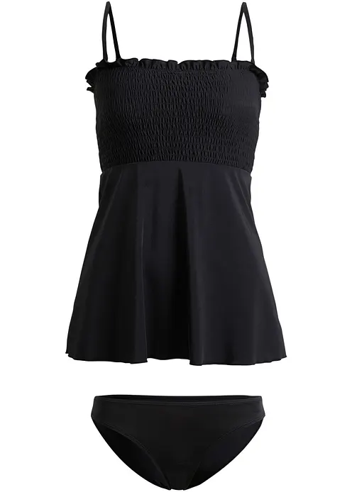 Gesmokter Bandeau-Tankini (2-tlg.Set) in schwarz von vorne - bonprix