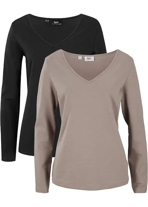 Figurbetontes Langarmshirt (2er Pack) in braun von vorne - bonprix