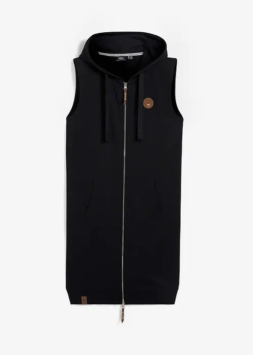 Long-Sweatweste mit Kapuze aus Baumwoll-Mix in schwarz von vorne - bonprix