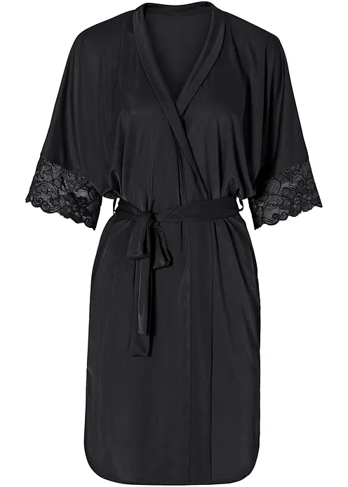 Satin Kimono mit Spitze in schwarz von vorne - bonprix